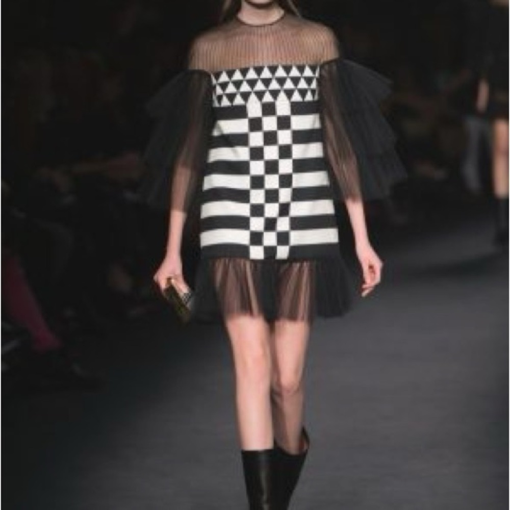 Valentino Black & White Geometric Dress Sheer Tulle Sleeves IT 38